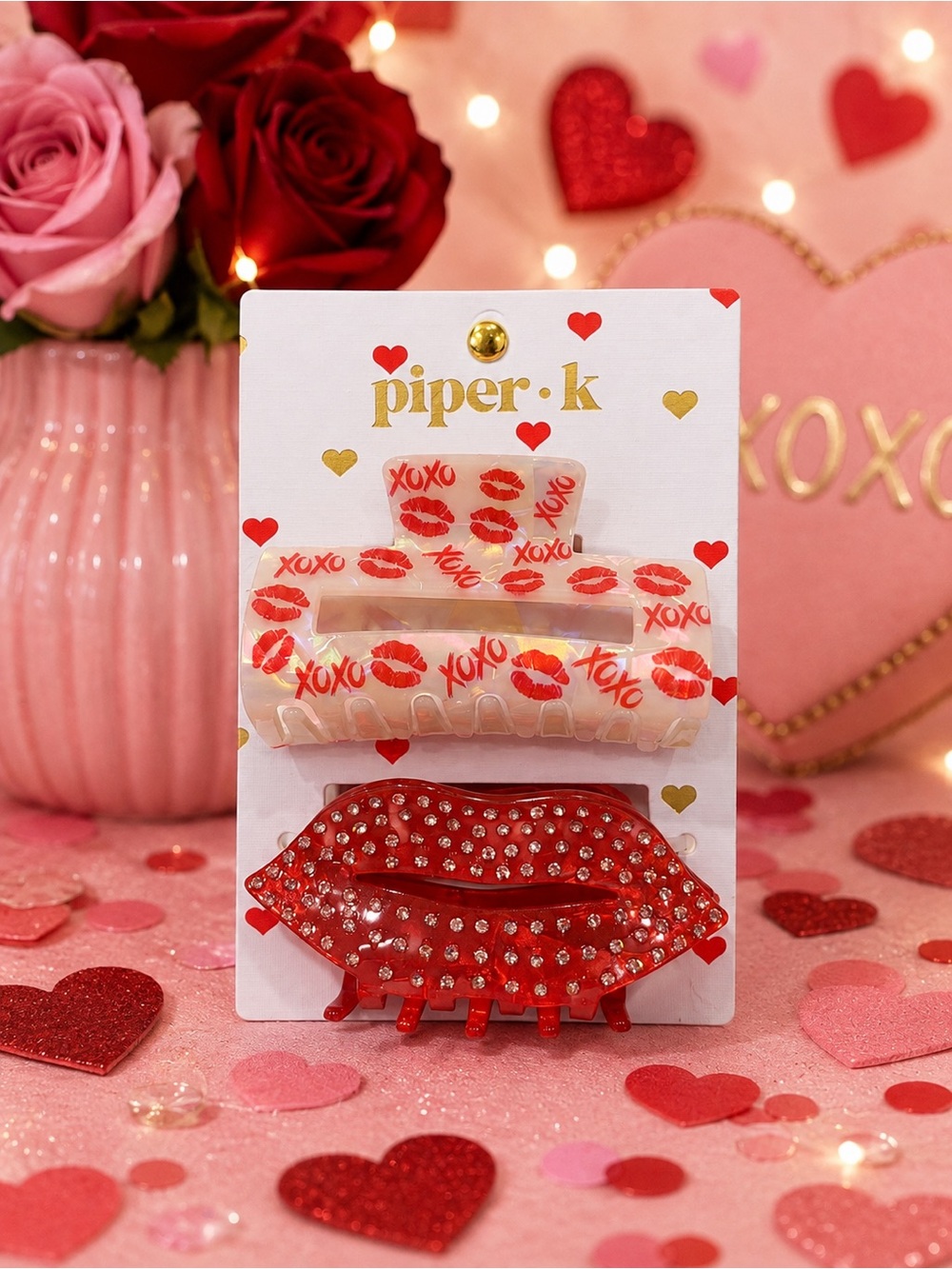 Piper K Valentine’s XOXO Kiss & Rhinestone Lips Hair Clip Set NWT
